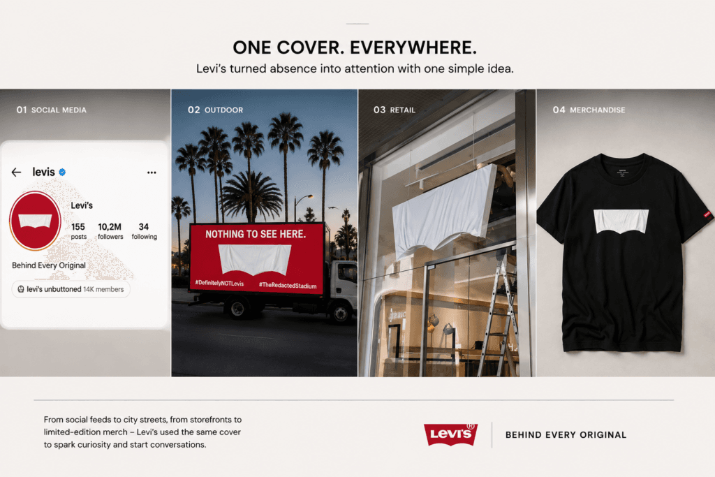 Levi's FIFA Club World Cup campaign across Instagram, outdoor advertising, retail stores and limited-edition merchandise using the covered Batwing design.