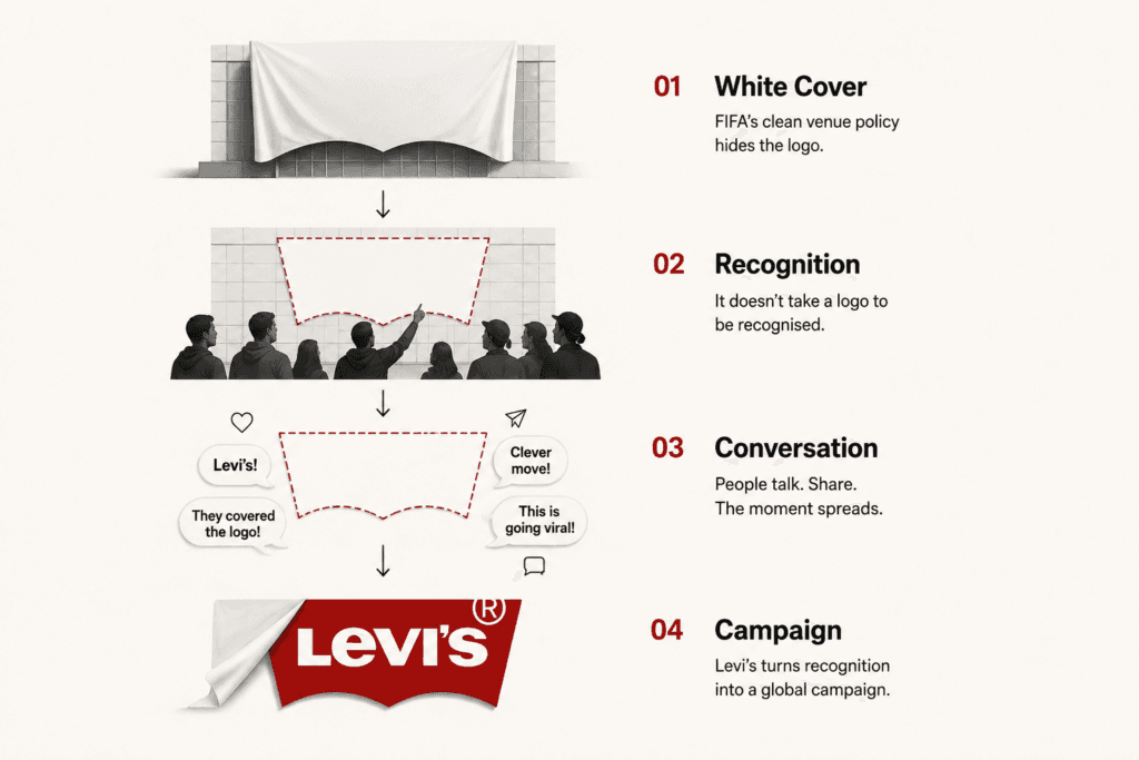 Diagram showing how Levi's transformed a covered Batwing into a global marketing campaign through brand recognition, conversation and integrated execution.
