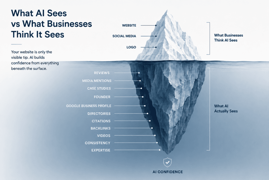 Why AI Isn't Recommending Your Business iceberg illustration showing that while businesses focus on their website, logo, and social media, AI also evaluates reviews, Google Business Profile, citations, backlinks, media mentions, founder expertise, case studies, directories, videos, and consistency before recommending a business.