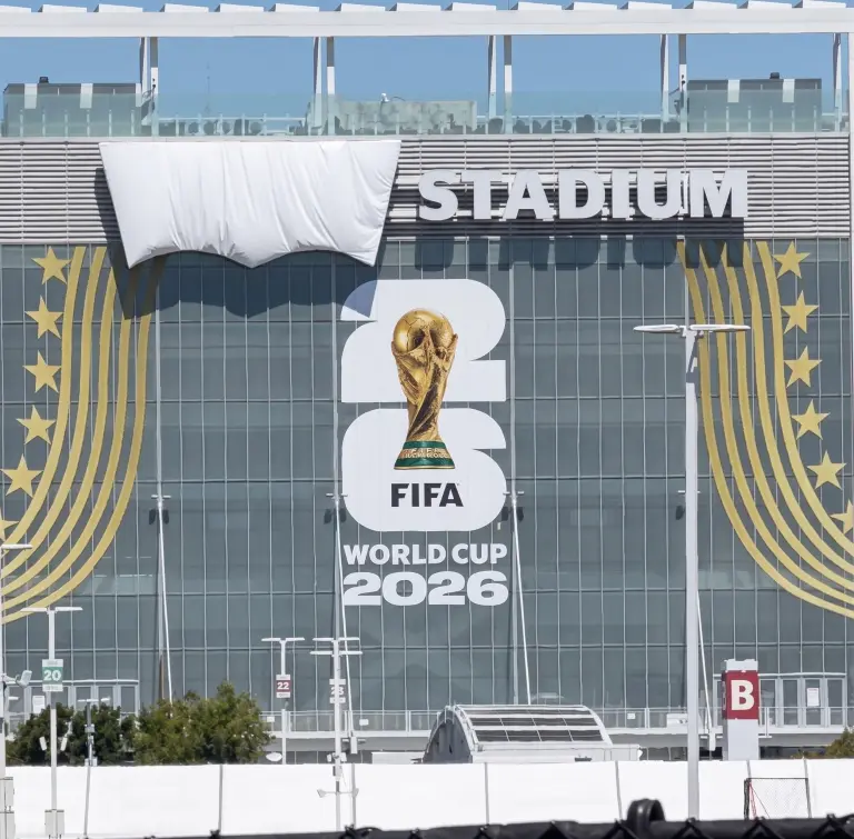 Levi's Batwing covered by a white tarp outside Levi's Stadium during the FIFA Club World Cup marketing campaign.